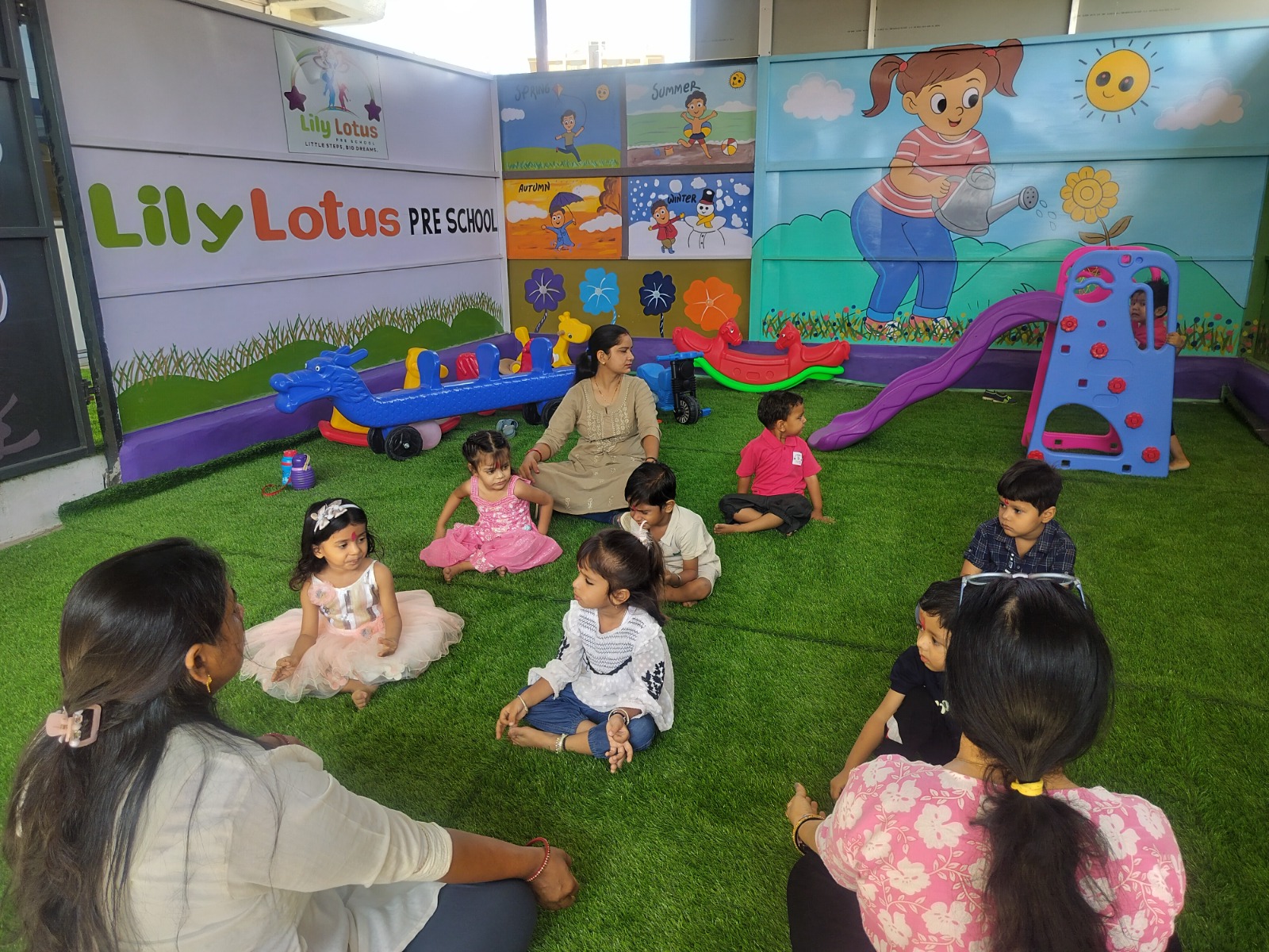 Junior K.G. students during circle time at Lily Lotus Preschool Becharaji