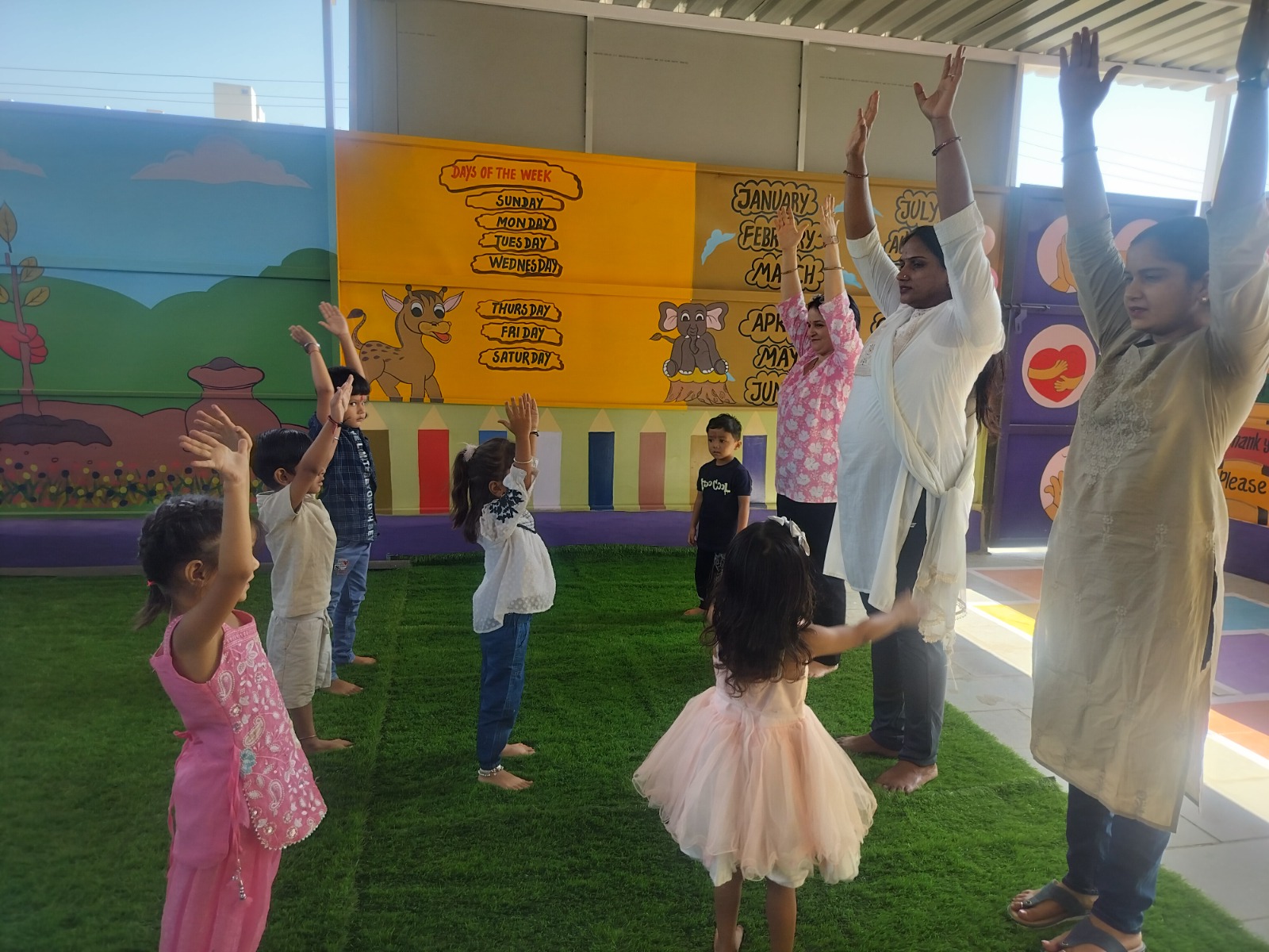 Morning yoga session in the outdoor play area