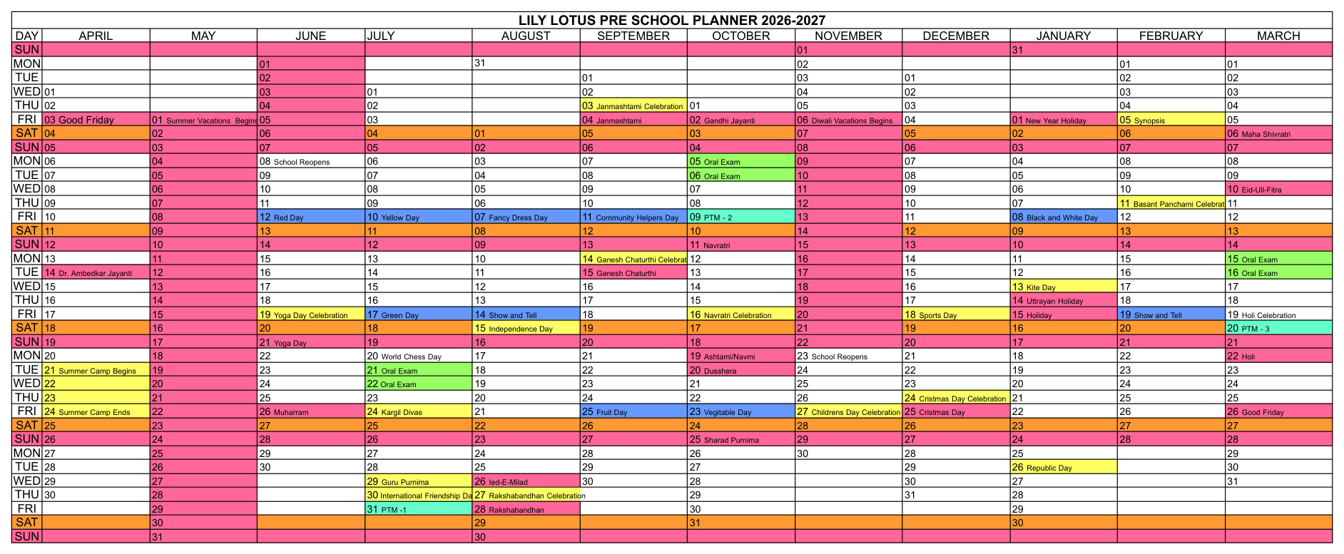 Lily Lotus Pre School Planner 2026-2027, month-by-month calendar of school days, holidays, and celebrations