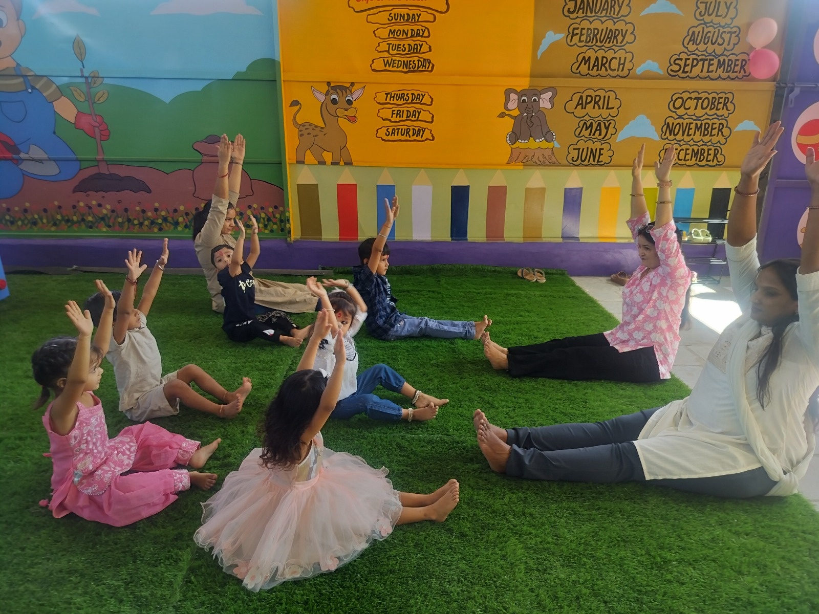 Children doing morning stretches outdoors